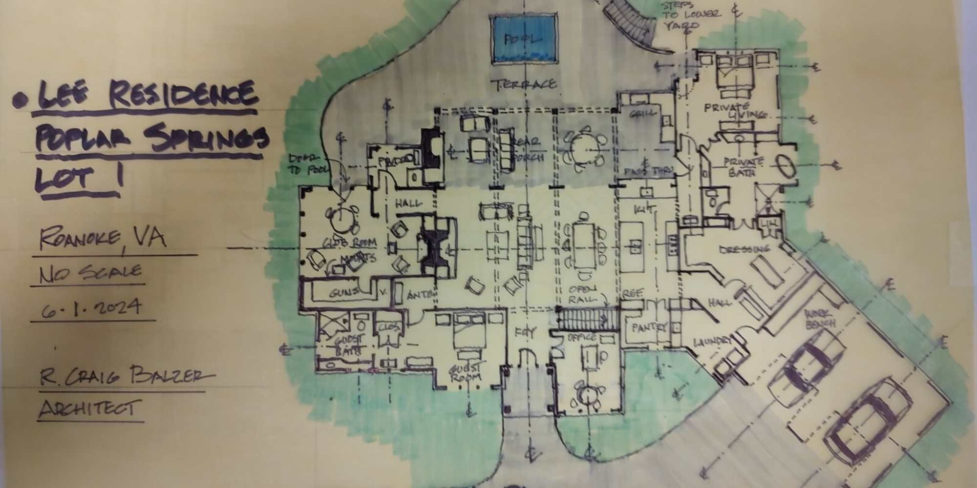 Hand-drawn architectural floor plan for a Grace Alon Builders custom home project in Roanoke Metropolitan