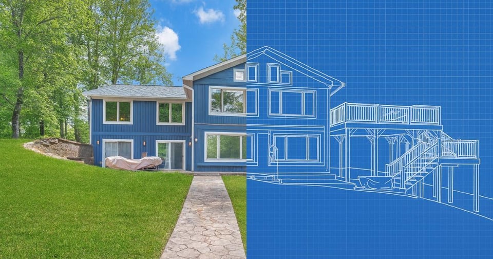 Half photo half blueprint of a custom blue two-story home in Roanoke by Grace Alon