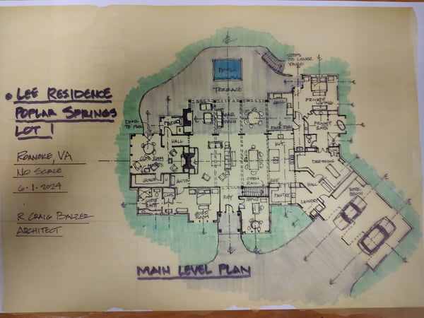Hand-drawn architectural floor plan for a Grace Alon Builders custom home project in Roanoke Metropolitan