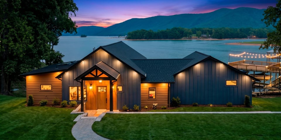 Custom lake home light up at night in Virginia by Grace Alon Builders