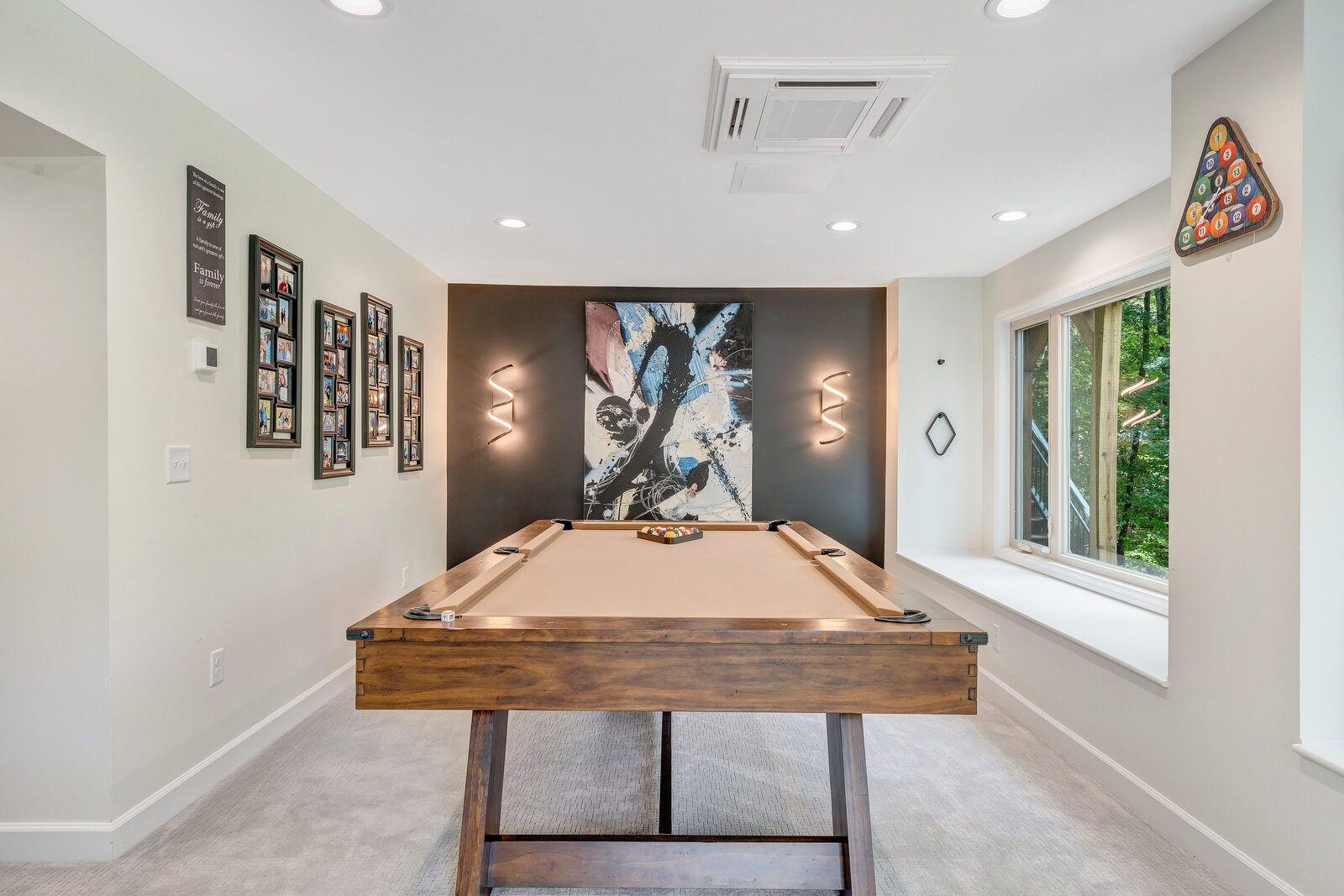 Grace Alon Builders-designed game room in Smith Mountain Lake home with pool table and modern lighting