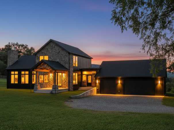 Front view of the Willis Project home at sunset by Grace Alon Builders